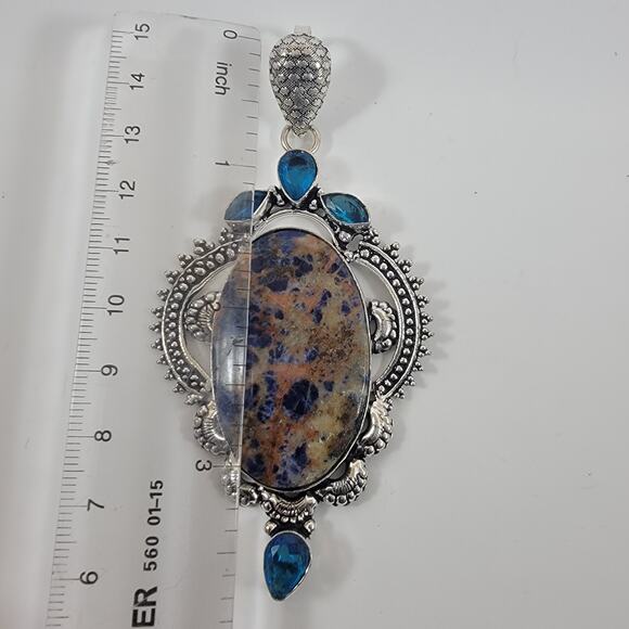 Sodalite Pendant Necklace – With Blue Topaz Accents + 20" Sterling Silver Chain - Picture 2 of 10